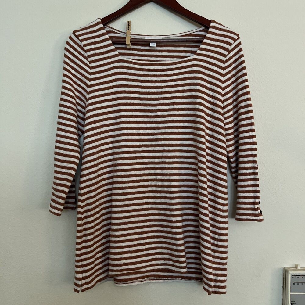 J. Jill Square Neck 3/4 Sleeve Striped 100% Cotton Heavy Knit Top Shirt SZ M